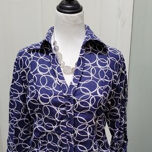 Harve Benard Women's Linen Blend Button Down Shirt Long Sleeve Beachy Circles S